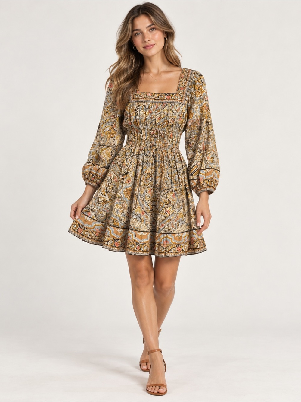 Cleobella Boho Paisley Square Neck Mini Dress Size XS Beige Multicolor